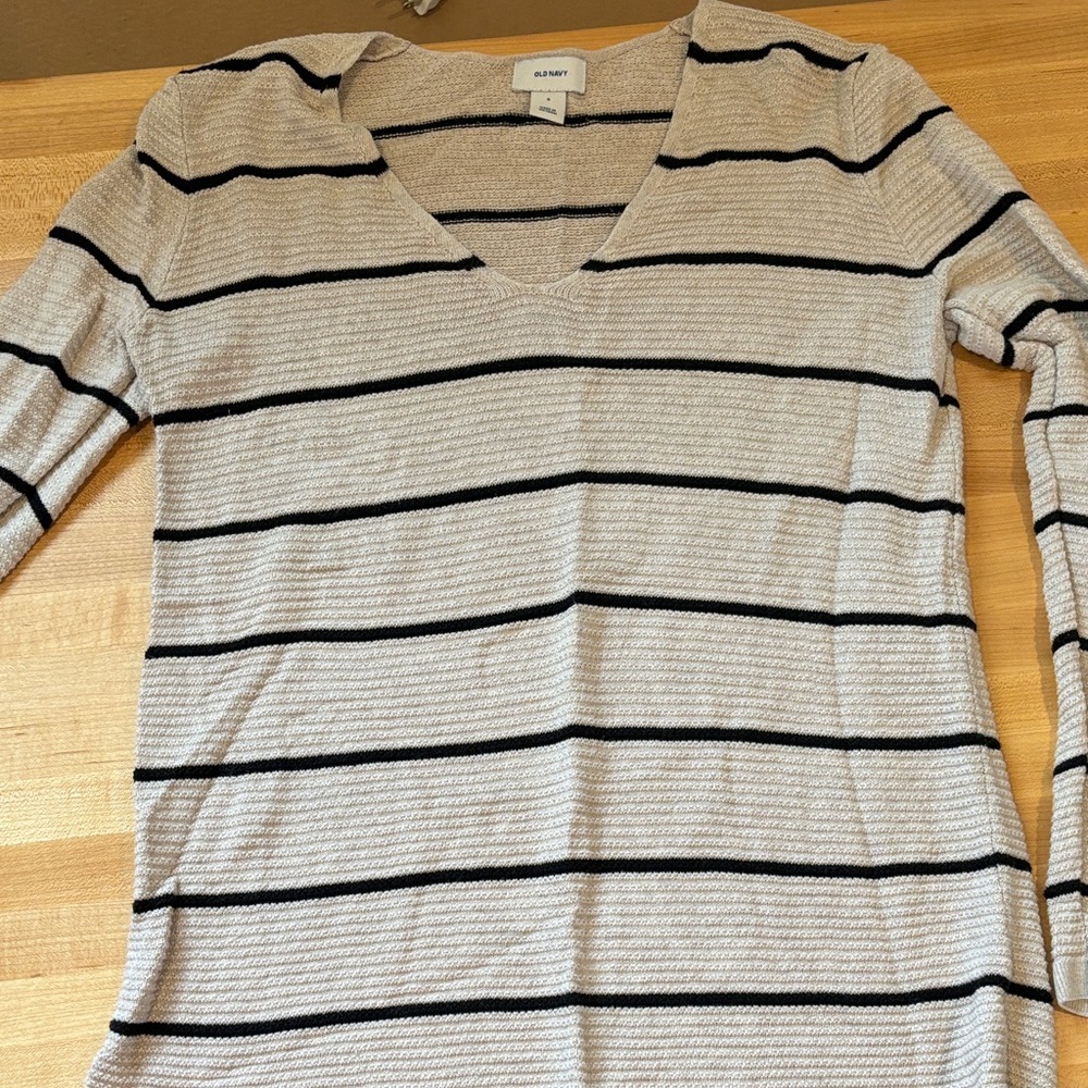 Old Navy Cream and Black Striped V-Neck Top